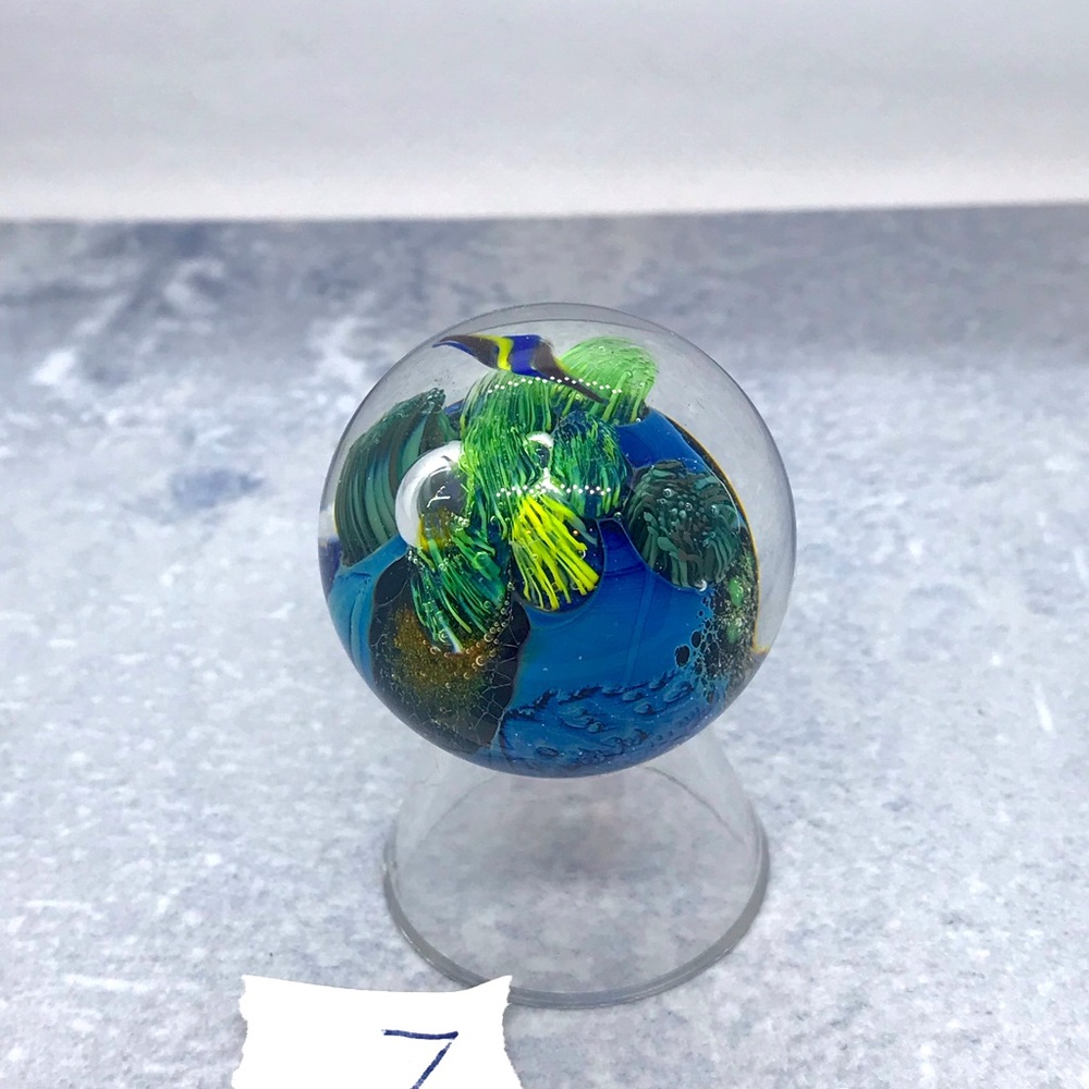 Josh Simpson Art Glass sphere, Inhabited Worlds series, 1 7/8”